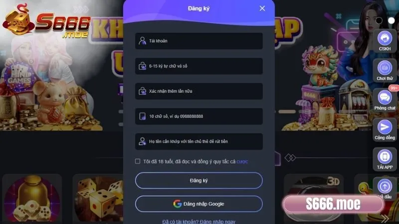 Truy cập S666 -> Đăng ký S666